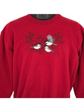 Vintage Chickadees Bird Sweatshirt Mens Size Large 90s Granny Core Embroidered